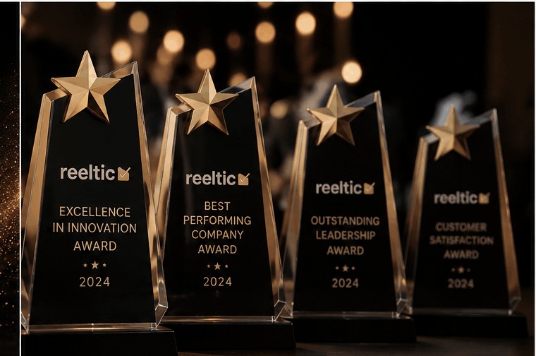 A row of Reeltic award trophies